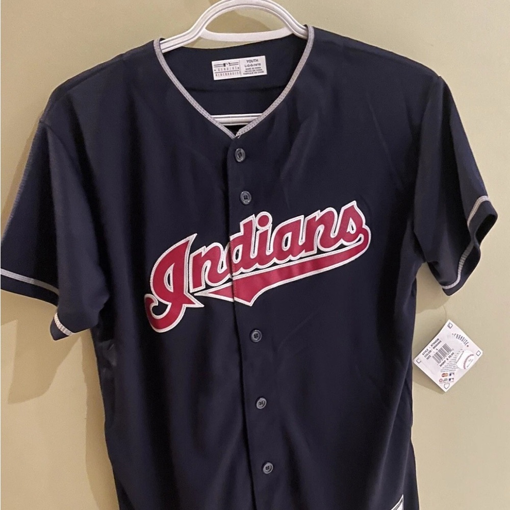CLEVELAND INDIANS BUTTON JERSEY BOYS LARGE BLUE MAJESTIC NEW with tag